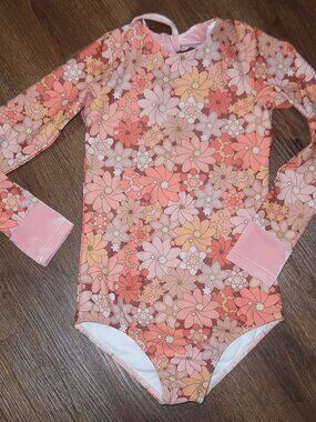 NWOT Girls Saint Ida Floral Long Sleeve One Piece Swimsuit Orange Retro size 8